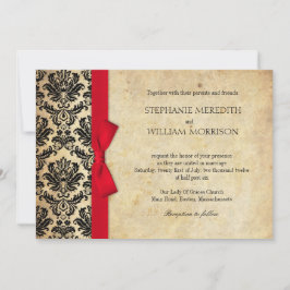 Damask  Red Bow Wedding Invitation Kaart