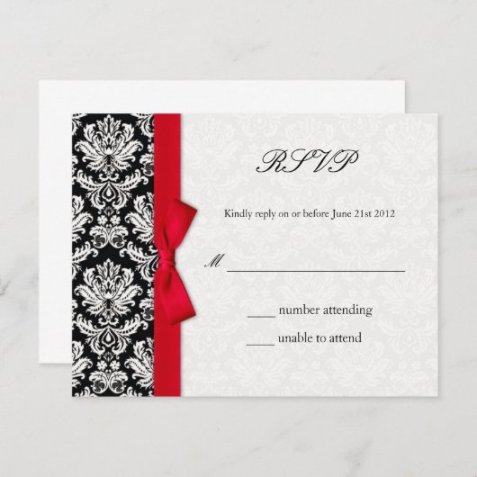 Damask Red Bow Wedding RSVP Kaart (Voorkant / Achterkant)