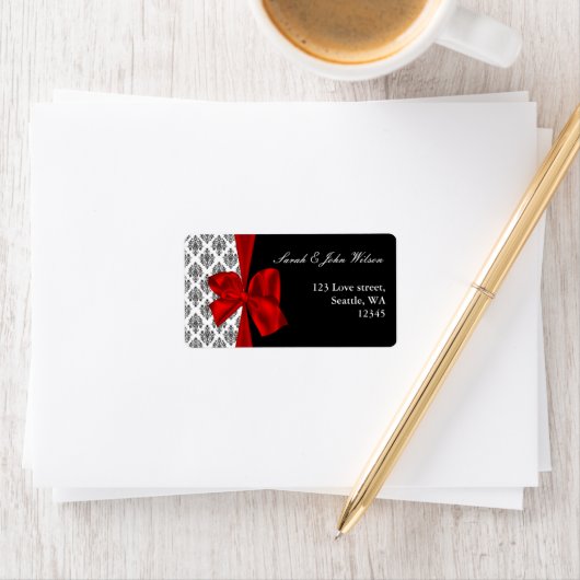 damask red bruiloft, return address label (Insitu)