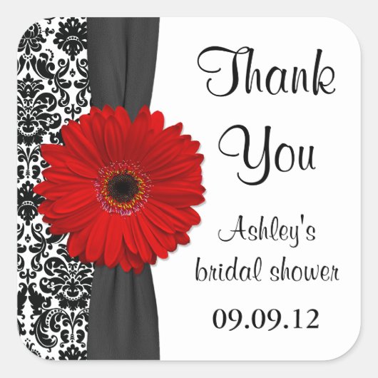 Damask Red Daisy bruiloft Vrijgezellenfeest dank u Vierkante Sticker (Voorkant)