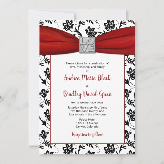Damask & Red Satin Ribbon Invitation Kaart (Voorkant)