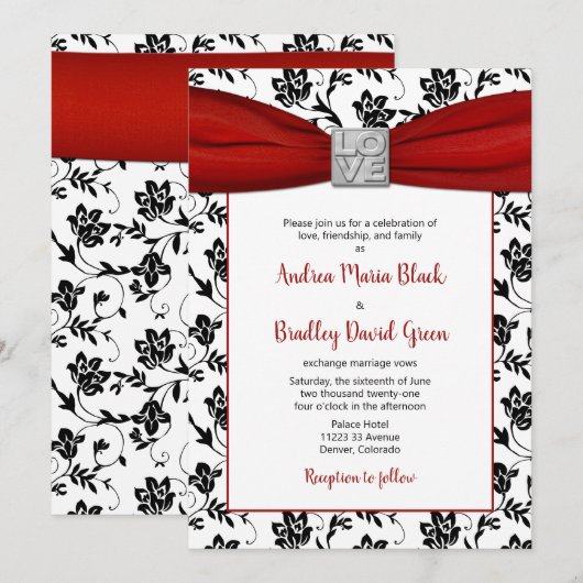 Damask & Red Satin Ribbon Invitation Kaart (Voorkant / Achterkant)