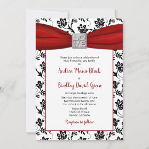 Damask & Red Satin Ribbon Invitation Kaart