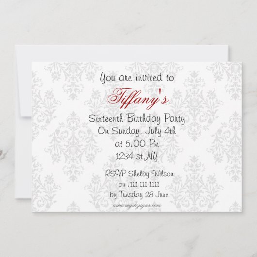 damask red Sweet Sixteen Uitnodiging (Achterkant)