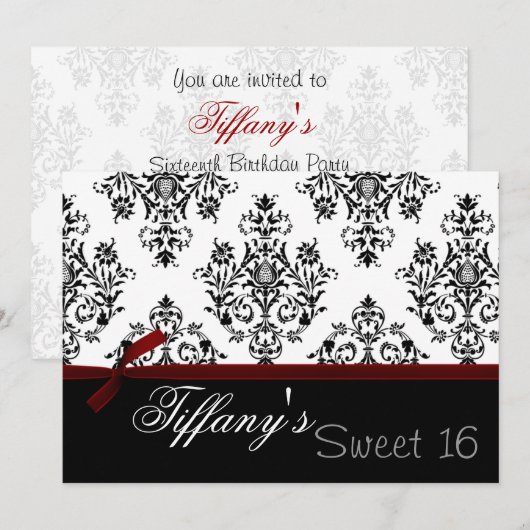damask red Sweet Sixteen Uitnodiging (Voorkant / Achterkant)