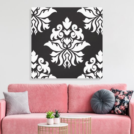 Damask Repeat Pattern - wit op zwart Canvas Afdruk (Insitu (Woonkamer))