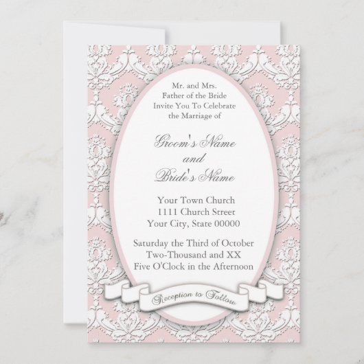 Damask Ribbon Invitation (roze) Kaart (Voorkant)