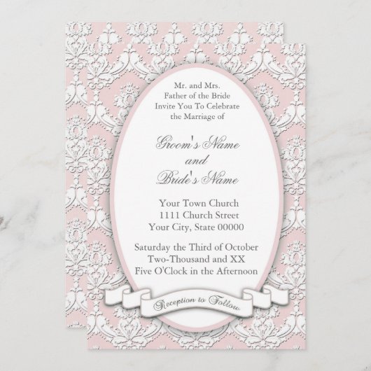 Damask Ribbon Invitation (roze) Kaart (Voorkant / Achterkant)