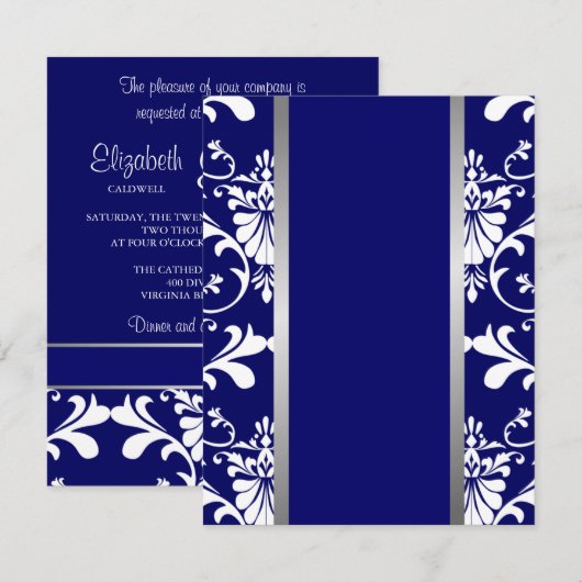 Damask & Ribbon Wedding Invitation Kaart (Voorkant / Achterkant)