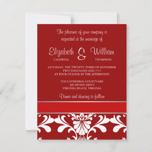 Damask & Ribbon Wedding Invitation Kaart (Achterkant)