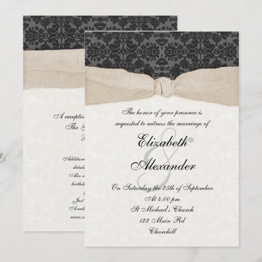 Damask Ribbon Wrapped Invitation - Champagne Kaart (Voorkant / Achterkant)
