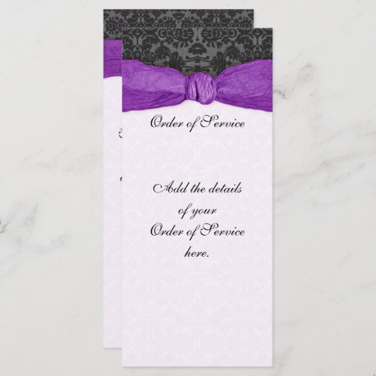 Damask Ribbon Wrapped Order of Service - Paars Programmakaart (Voorkant / Achterkant)
