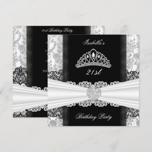 Damask Roos Black White Tiara Birthday Party Kaart (Voorkant / Achterkant)