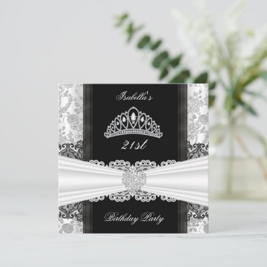 Damask Roos Black White Tiara Birthday Party Kaart (Staand voorkant)