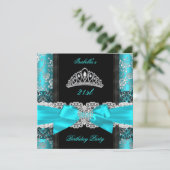 Damask Roos Blauwgroen Black White Tiara Birthday  Kaart (Staand voorkant)
