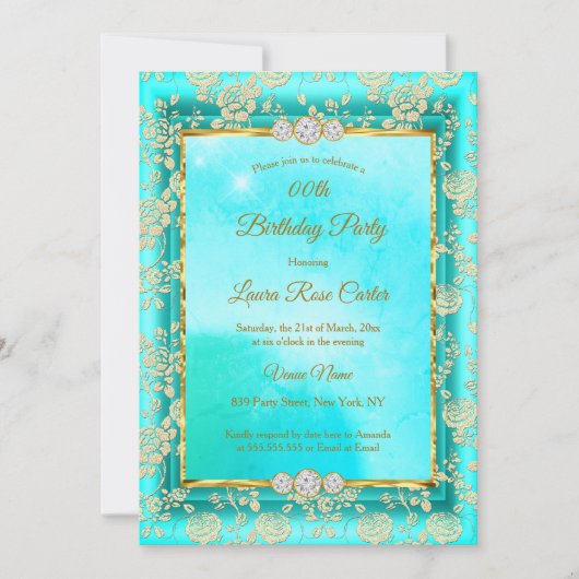 Damask roos blauwgroen blue Gold Birthday Party Kaart (Voorkant)