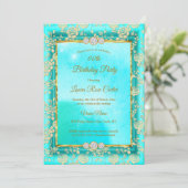 Damask roos blauwgroen blue Gold Birthday Party Kaart (Staand voorkant)