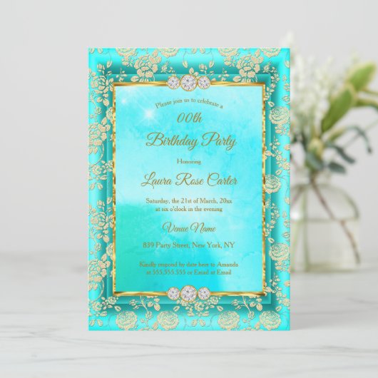 Damask roos blauwgroen blue Gold Birthday Party Kaart (Staand voorkant)