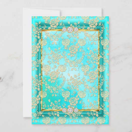 Damask roos blauwgroen blue Gold Birthday Party Kaart (Achterkant)