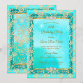 Damask roos blauwgroen blue Gold Birthday Party Kaart (Voorkant / Achterkant)