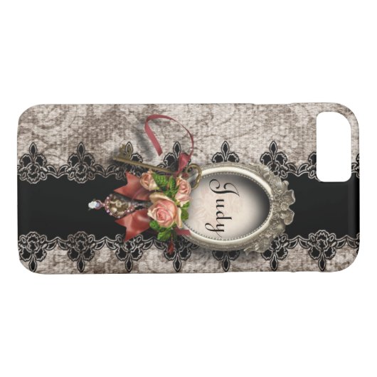 Damask Roos en Lace w/Name Case-Mate iPhone Case (Achterkant (Horizontaal))