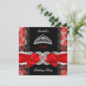 Damask Roos Red Black White Tiara Birthday Party Kaart (Staand voorkant)