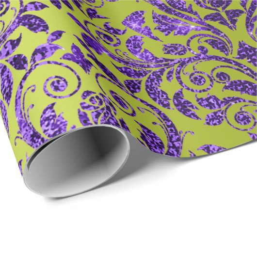 Damask Royal Paars Amethyst Violet Lime Green Cadeaupapier (Rol Hoek)
