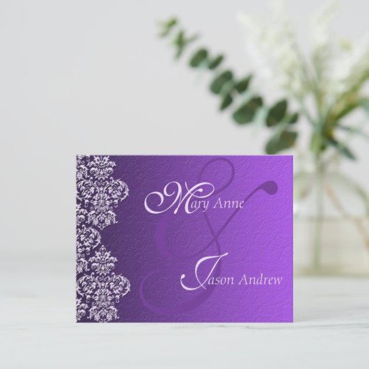 Damask Royal Paars Wedding Invitation Kaart (Staand voorkant)