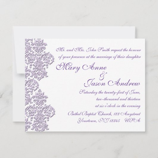 Damask Royal Paars Wedding Invitation Kaart (Achterkant)