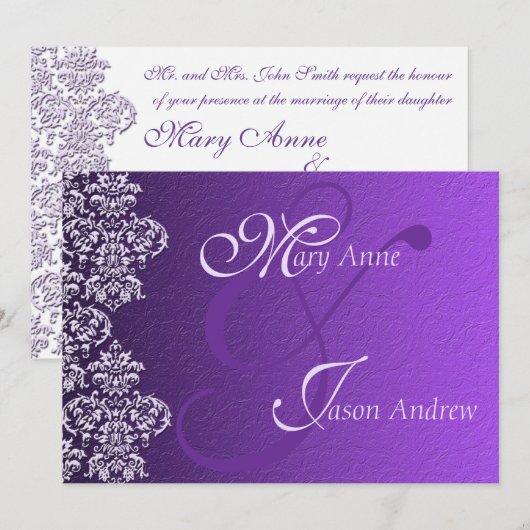 Damask Royal Paars Wedding Invitation Kaart (Voorkant / Achterkant)