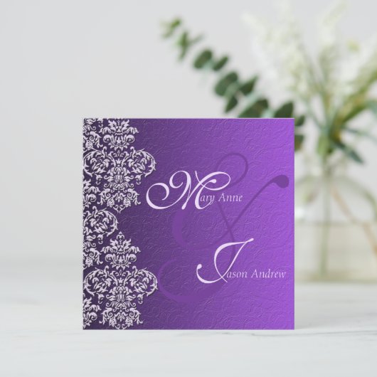 Damask Royal Paars Wedding Invitation Kaart (Staand voorkant)