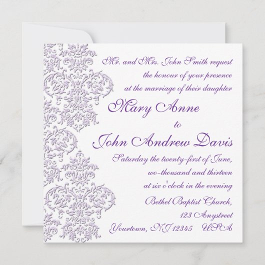 Damask Royal Paars Wedding Invitation Kaart (Achterkant)