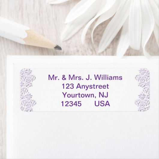 Damask Royal Paars Wedding Return Label (Insitu)