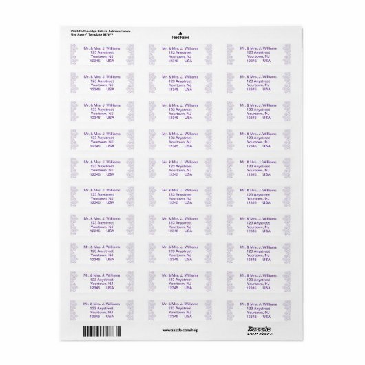 Damask Royal Paars Wedding Return Label (Full Sheet)