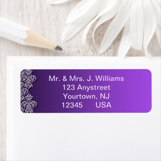 Damask Royal Paars Wedding Return Label (Insitu)