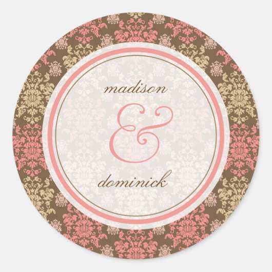 Damask Roze Kant Elegante Bruiloft Sticker (Voorkant)