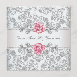 Damask Roze Meisjes Eerste Communie Kaart
