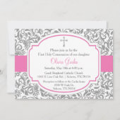 Damask Roze Meisjes Eerste Communie Kaart (Voorkant)