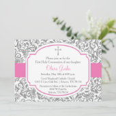 Damask Roze Meisjes Eerste Communie Kaart (Staand voorkant)