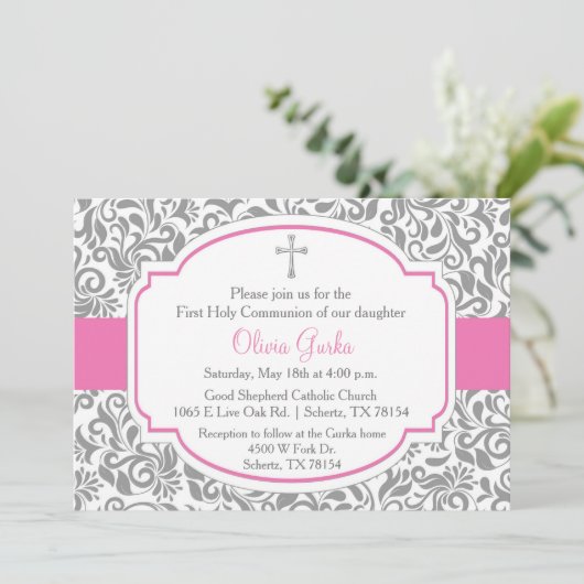 Damask Roze Meisjes Eerste Communie Kaart (Staand voorkant)