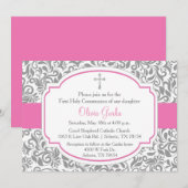 Damask Roze Meisjes Eerste Communie Kaart (Voorkant / Achterkant)