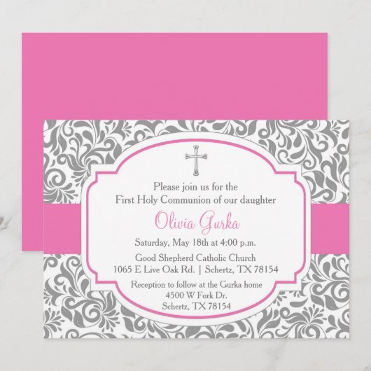 Damask Roze Meisjes Eerste Communie Kaart (Voorkant / Achterkant)