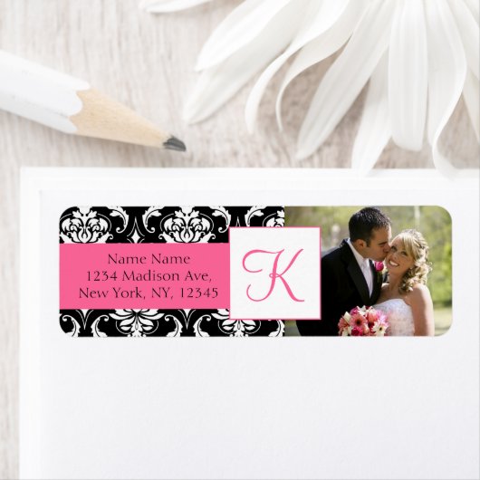 Damask Roze Monogram Foto Bruiloft Adresetiketten Etiket (Insitu)