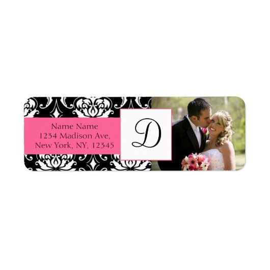 Damask Roze Monogram Foto Bruiloft Adresetiketten Etiket (Voorkant)