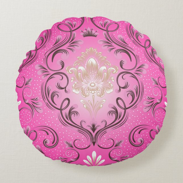 Damask Roze Ronde Sierkussen Rond Kussen (Voorkant)