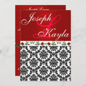 Damask & Rozen Elegant Red & Black & White Wedding Kaart (Voorkant / Achterkant)