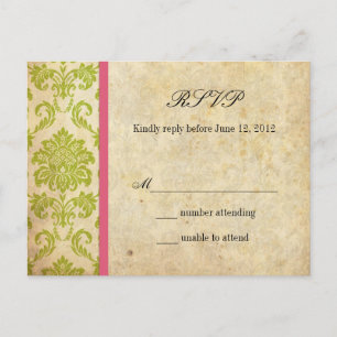 Damask RSVP Briefkaart in Roze en Groen