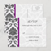 Damask RSVP-Briefkaart met Paarse Uitnodiging Briefkaart (Voorkant / Achterkant)