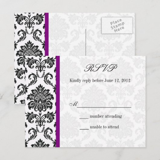 Damask RSVP-Briefkaart met Paarse Uitnodiging Briefkaart (Voorkant / Achterkant)