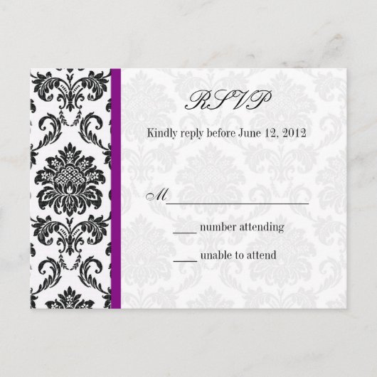 Damask RSVP-Briefkaart met Paarse Uitnodiging Briefkaart (Voorkant)